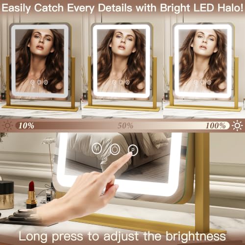 Lighted Vanity Mirror with Lights - 15x12.6 Inch LED Touch Screen, Dimmable & 3-Color Modes - Gold, Adjustable Brightness