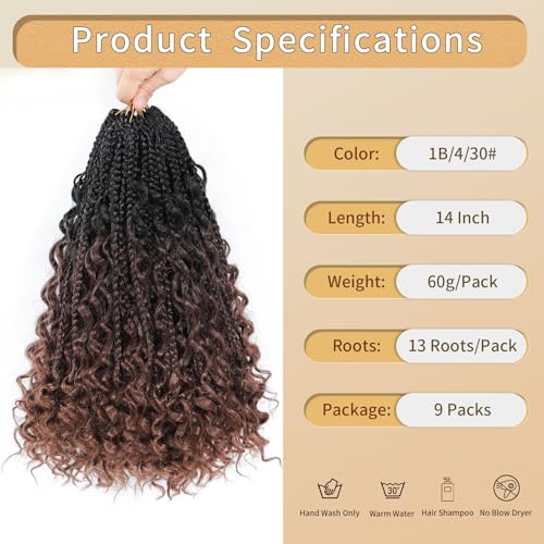 9 Packs 14 Inch Goddess Box Braids Crochet Hair with Curly Ends - Pre-Looped Boho Crochet Braid for Black Women, 1B/4/30#
