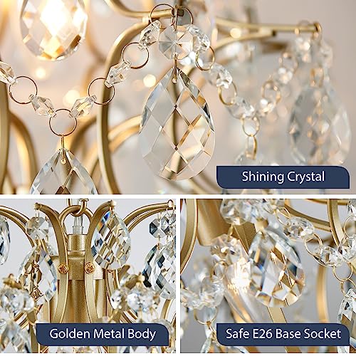 Bestier Gold Modern Pendant Chandelier with Crystal Raindrops - D13" x H16" Ceiling Light for Dining & Living Room