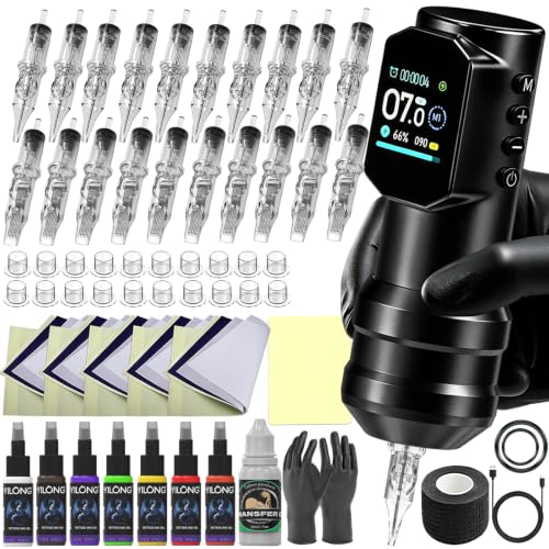 Wireless Tattoo Kit with Cordless Pen, Cartridges, Ink, Transfer Gel & Case