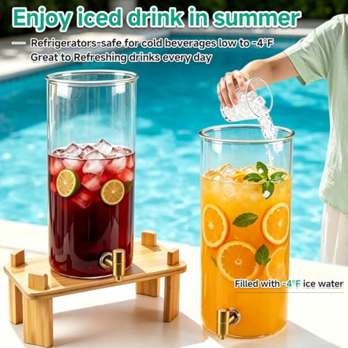 2 Gallon Beverage Dispenser Set with Bamboo Stand, Large Glass Water & Juice Container for Parties