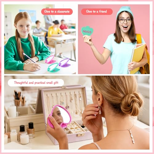 clothmile 100 Pcs Valentine Compact Mirror Bulk Gifts Heart Shaped Mini Pocket Mirror Folding Makeup Portable Love Hand Mirror for Women Valentine's Day Gift