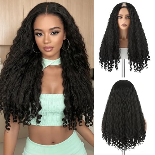 Suntefic Afro Curly V Part Wig 22 Inch Black Synthetic Hair, 180% Density