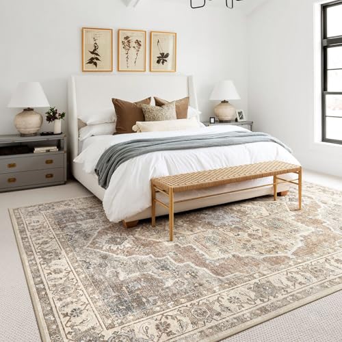 Micgeek 8x10 Beige Brown Washable Area Rug - Vintage Neutral Non-Slip Living Room Carpet