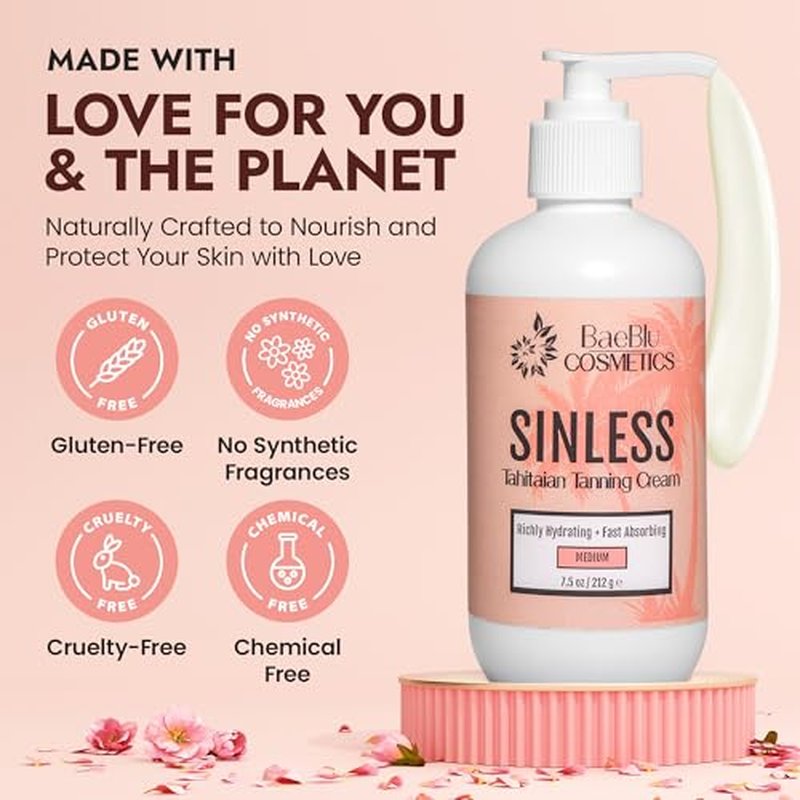 BaeBlu - Sinless Tahitian Self Tan Lotion - Sunless Tanning Lotion with Hydrating Monoi de Tahiti & Coconut Oils for Streak-Free, Golden Tan - No Orange, No Synthetic Fragrance - Vegan & Cruelty-Free