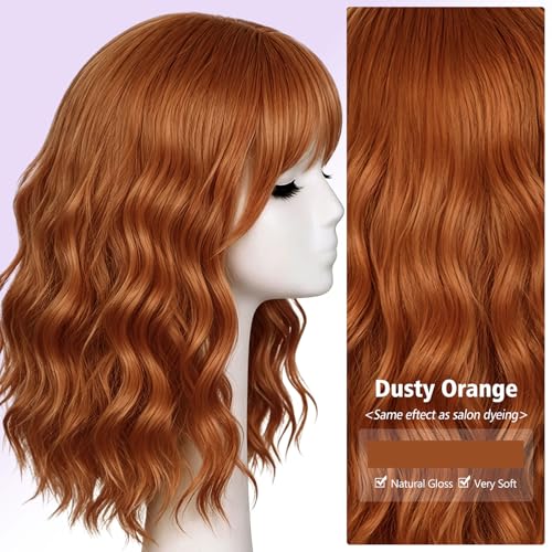 Dusty Orange Short Wavy Wig with Bangs for Women 16 Inch Synthetic Hair - AllureLocks