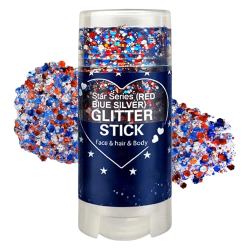 Patriotic Red White and Blue Body Glitter Stick, 4th of July Outfits for Women Kids, 4th of July Accessories,Hair Body Face Glitter Makeup, USA Flag Chunky Sequins Glitter for Independence Day