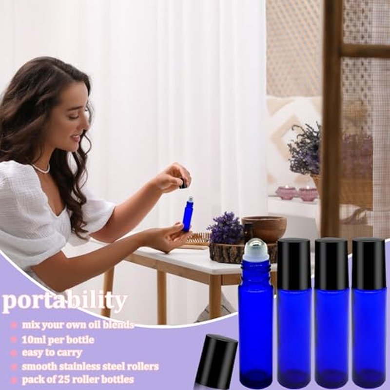 25 Pcs Essential Oil Roller Bottles 10ml Empty Glass Roller Bottles with Stainless Steel Roller Balls Protection Leakproof with 2 Funnel for Travel, Roller Balls For Essential Oils(Blue)