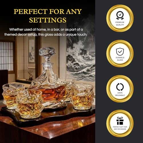 Mountain Whiskey Decanter Set with 4 Tumbler Glasses and Wood Base - Japanese Crystal, Lead-Free, 750ml
