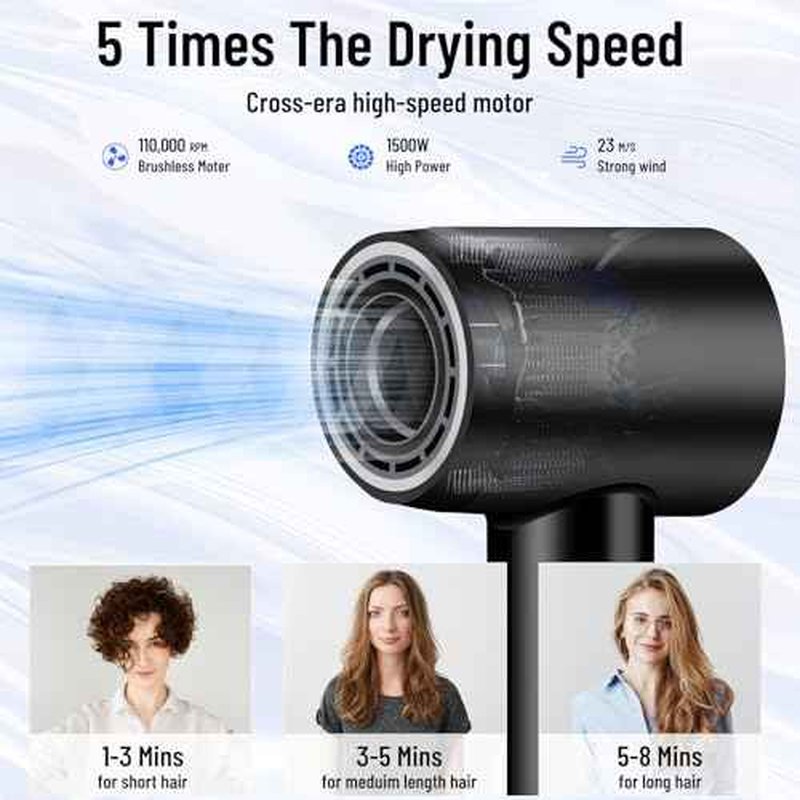 Hair Dryer - 110000 RPM High-Speed Brushless Motor Negative Ionic Blow Dryer for Fast Drying,Low Noise Thermo-Control Hair Dryer with Nozzle with Tri-Colour LED Light Ring, for Home and Travel