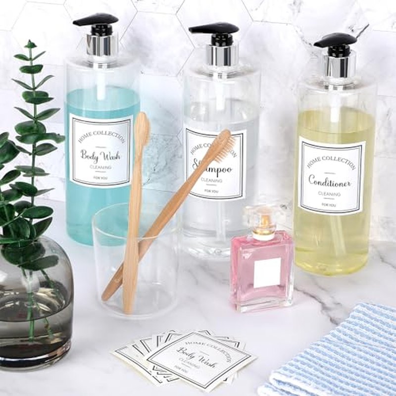 Marsui 3 Pcs Clear Soap Dispenser Set 25 oz Plastic Pump Bottles Dispenser with 6 Label Sticker Kitchen Bathroom Refillable Liquid Dispensers for Lotion Body Wash Hand Dish Soap(Black and Silver)