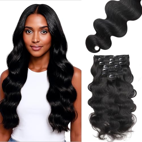 Black Hair Clip-In Extensions 16 Inch Body Wave Human Hair Natural Black