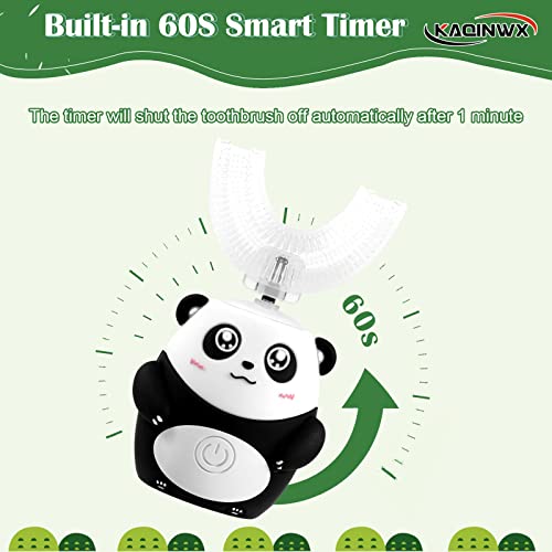 Kids U Shaped Electric Toothbrush for Ages 2-12 - Panda Design, Black, Rechargeable, Waterproof, 60S Timer
