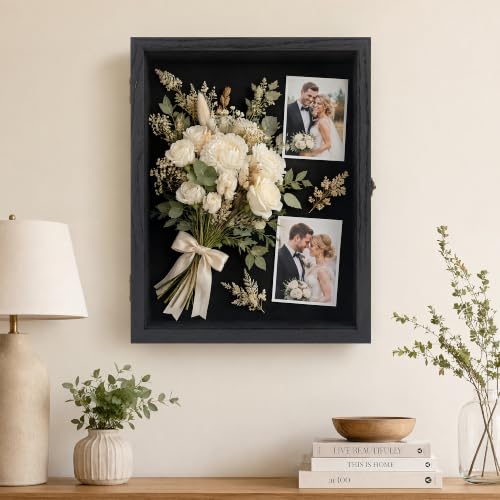 Black 18x24 Wooden Shadow Box Frame with Removable Shelves - Deep Display Case for Medals Keepsakes