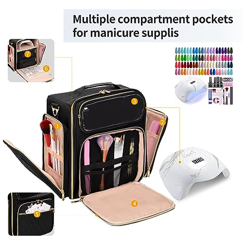 OCHEAL Nail Polish Organizer, Holds Nail Lamp and 75+ Bottles, Nail Polish Holder Case with 3 Individual Pouches Fit Manicure Tools Storage for Manicurist Travel Carrying Bag -Black