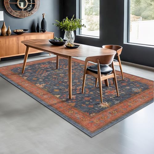 6' x 9' Navy Blue & Terracotta Dining Room Rug - Washable Boho Tribal Area Rug
