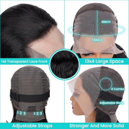 Natural Black 22 Inch Body Wave Lace Front Wig with HD Transparent Lace & Baby Hair - 180% Density