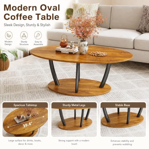 Manora Rustic Oval Coffee Table with Storage Shelf - Brown, 2-Tier Farmhouse Design