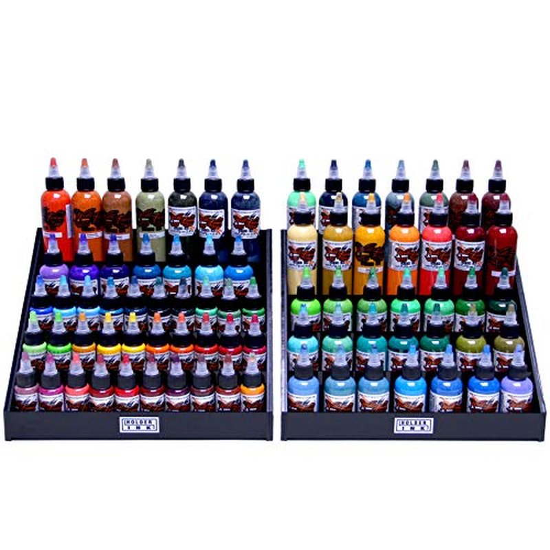 acrylic display stand organizer for tattoo inks, nail polish bottles and other beauty essentials that keeps them organized, secured and ready to use.