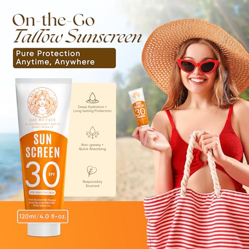 SPF 30 Mineral Sunscreen with Grass-Fed Beef Tallow - Reef Safe, Water Resistant 80 Min, Travel Size