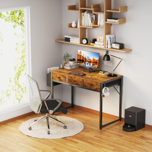 Lufeiya Rustic Brown 39.4 Inch Desk with 3 Fabric Storage Drawers for Bedroom & Home Office