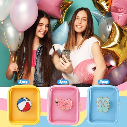 Summer Party Cosmetic Bags with Chenille Patches - Yellow Blue Pink / Cute - Waterproof & Travel Friendly