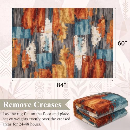 Burnt Orange and Teal Abstract Brushstroke Area Rug - 5' x 7' Rectangular, Low Pile, Non-Slip Backing