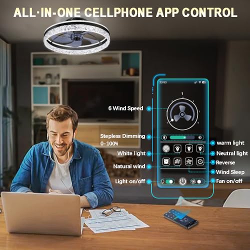 Low Profile Flush Mount Ceiling Fan with Light, Bluetooth Speaker & Remote - Black