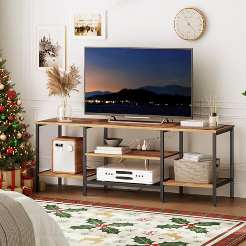 55 Inch TV Stand with Power Outlets, Rustic Brown & Black Entertainment Center