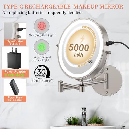 FUNTOUCH 5000mAh Rechargeable Wall Mount Makeup Mirror with Lights, 30X/1X Magnifying 9" Double Sided Mirror, 3 Color Lights,Touch Dimmable, 360 Rotation Extended Arm with Adapter,Brush Nickel