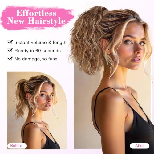 AISI BEAUTY 14 Inch Reddish Orange Ponytail Extension with Blonde Highlights, Curly Clip-In Hairpiece