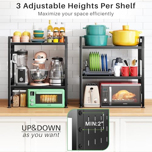Kitstorack 3-Tier Black Expandable Microwave Stand with Hooks & Cutting Board Holder