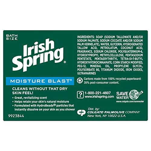 Irish Spring Moisture Blast, Moisturizing Bar Soap, 3.7 Ounce, 12 Bar Pack