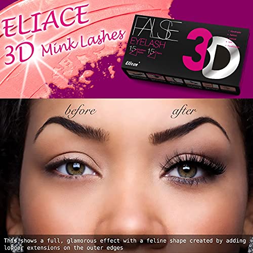 Eliace 3D Mink Lashes Natural Look 15 Mixed Styles 15 Pairs Fake Eyelashes Bulk Pack Handmade Luxurious Volume Fluffy Natural False Eyelashes Comfortable and Soft Strip False lashes for Women