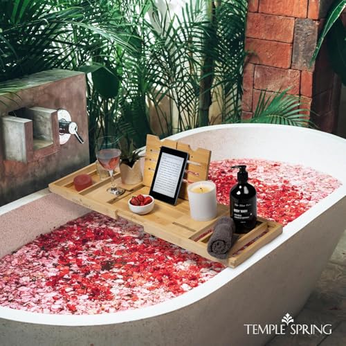 Foldable Bamboo Bathtub Tray Caddy - Expandable Wooden Bath Table with Wine & Book Holders - Space-Saving Bath Accessory - Housewarming Gift