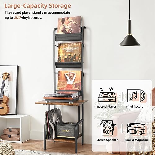 Record Player Stand with Vinyl Storage - Black & Brown, Holds Up to 200 Albums