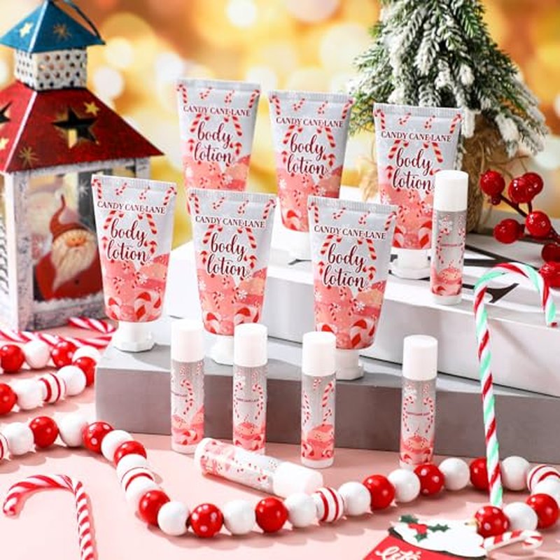24 Set Christmas Candy Peppermint Cane Lip Balm and Body Lotion Bulk Christmas Hand Cream for Women Peppermint Lip Balm for Women Men Travel Size Body Lotion Gift