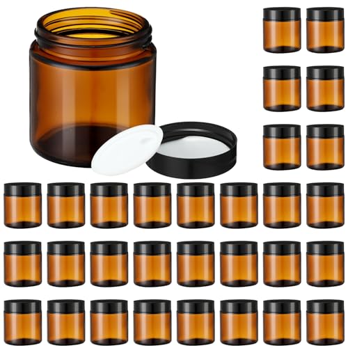 30 Pack 4 oz Amber Glass Jars with Black Leakproof Lids for Candle Making & Storage - Reusable