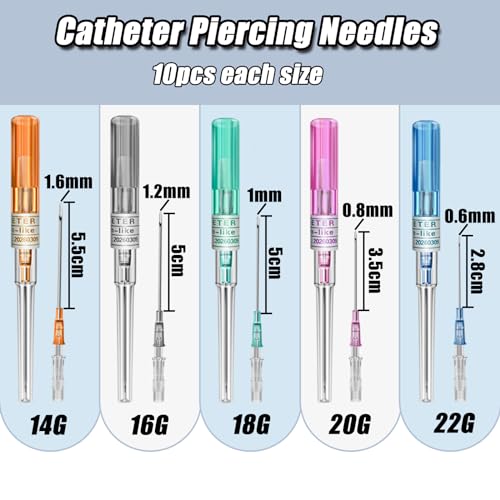 Catheter Piercing Needles Set 50Pcs Mixed Sizes 14G 16G 18G 20G 22G - Surgical Steel