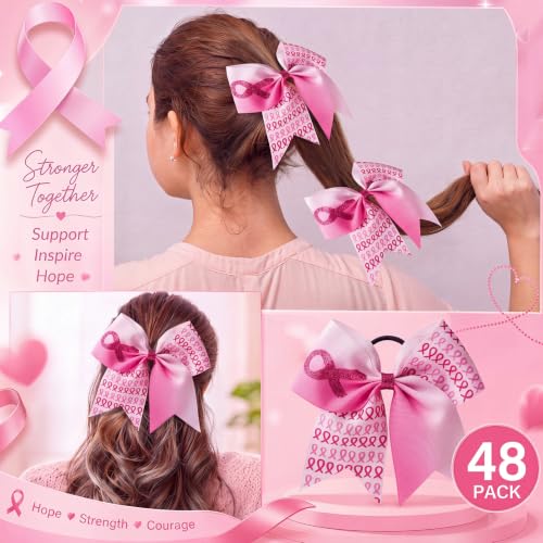 Suncalla 48Pcs Pink Breast Cancer Awareness Cheer Hair Bows Gradient 7'' Bulk