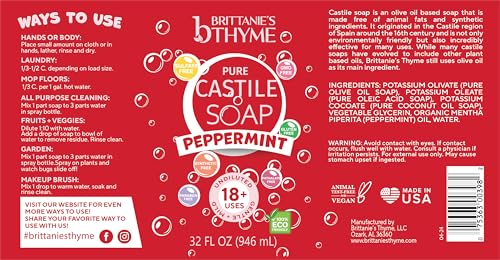 Brittanie's Pure Castile Liquid Soap Peppermint 64 Fl Oz - Nourishing Hand Wash with Organic Olive & Coconut Oil
