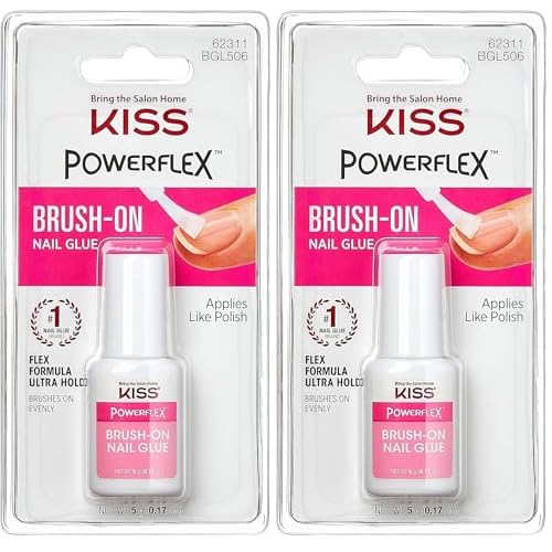 KISS PowerFlex Brush-On Nail Glue for Press On Nails, Ultra Hold Flex Formula Nail Adhesive, Includes One Bottle 5g (0.17 oz.) with Twist-Off Cap & Brush Applicator (Pack of 2)
