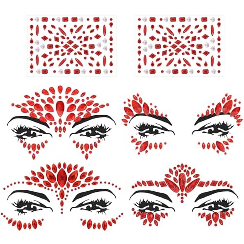Erythem Face Gems for Women 6 Sheets Red Face Jewels Stick On Self Adhesive Rhinestones Stickers for Halloween Makeup Music Festival Rave Party
