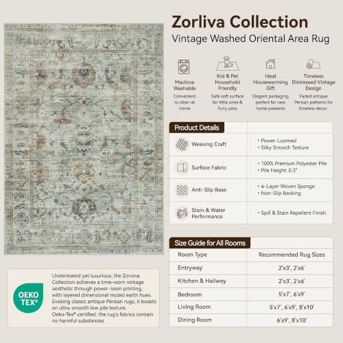 Washable 6x9 Area Rug - Sage Green Gold Gray Vintage Boho Floral (Green/Gold/Multi) by Sparkle Gaze