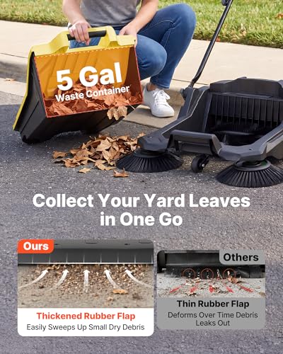 VEVOR Walk-Behind Hand Push Floor Sweeper - Yellow, 25.6-Inch Sweeping Width, 5-Gallon Waste Container, Adjustable Folding Handle