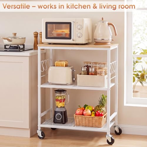 White 3-Tier Rolling Kitchen Cart with Lockable Wheels & 6 Hooks