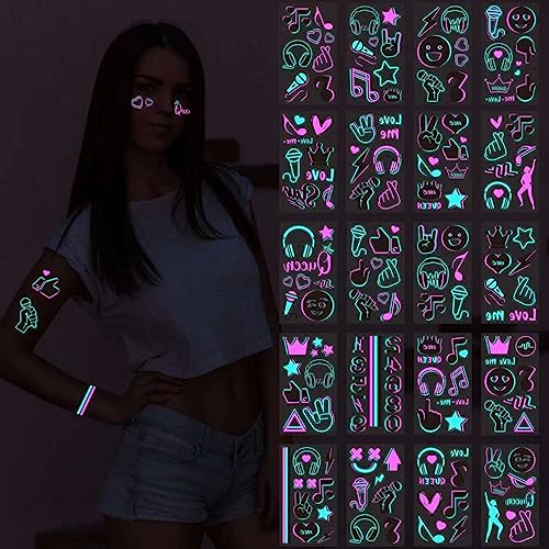 20-Sheets glow in the dark tattoos,temporary tattoos160+ Styles Adult Fluorescent UV Neon body glitter & Face Waterproof fake tattoo Stickers for Men & Women - Ideal for Rave, Festival Party Supplies