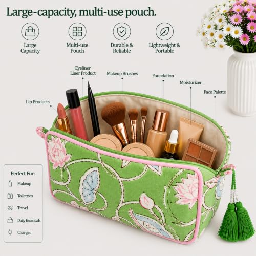 Large Capacity Travel Makeup Bag - Floral Lime & Pink Cosmetic Organizer