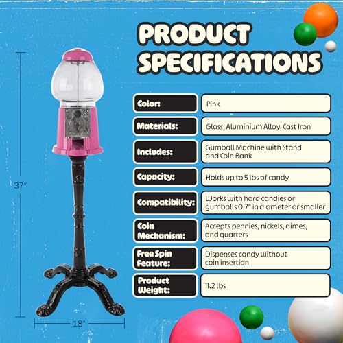 Pink Gumball Machine with Stand & Coin Bank - Vintage 15-Inch Dispenser