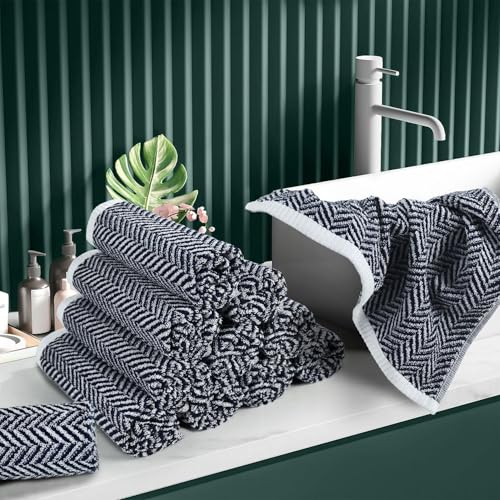 Cleanbear Navy-Blue Herringbone Cotton Washcloths 12-Pack - Soft & Durable Shower & Hand Towels
